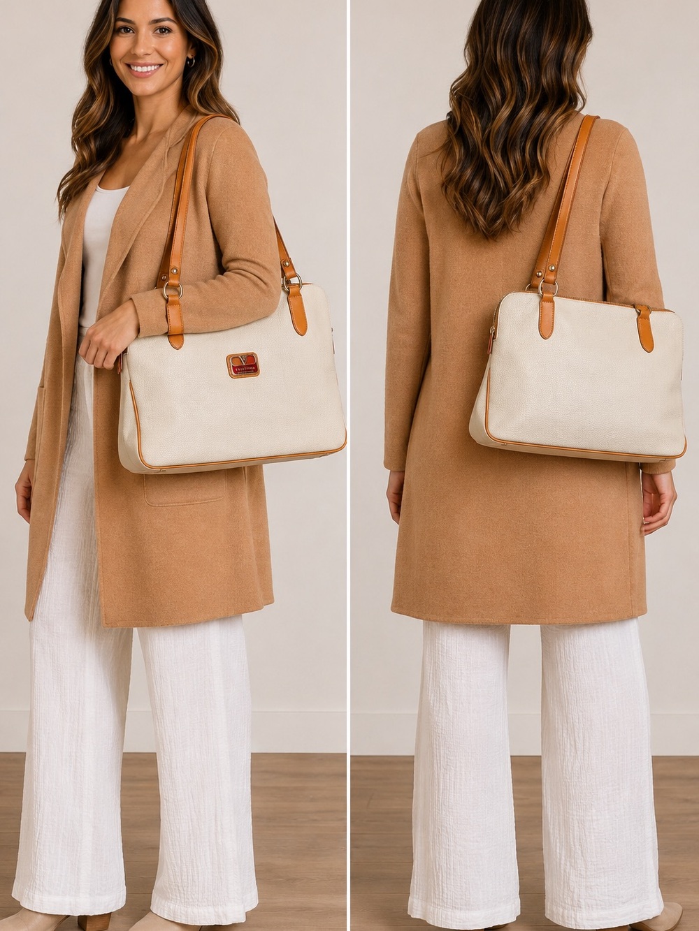 Valentina Made in Italy Cream & Tan
Leather Shoulder Bag